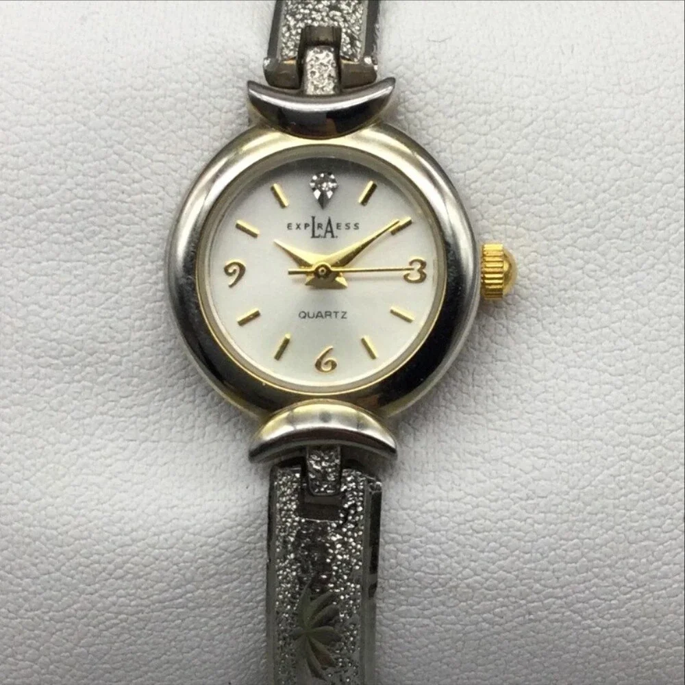 LA Express Womens Watch 19mm White Dial Silver Tone Floral Bangle Dress Quartz